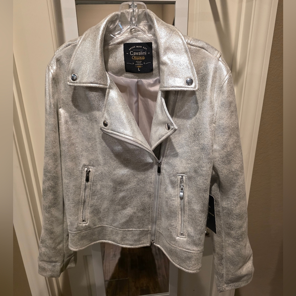 Brand New Cavalini Vegan Leather Shiny Silver Jacket Large